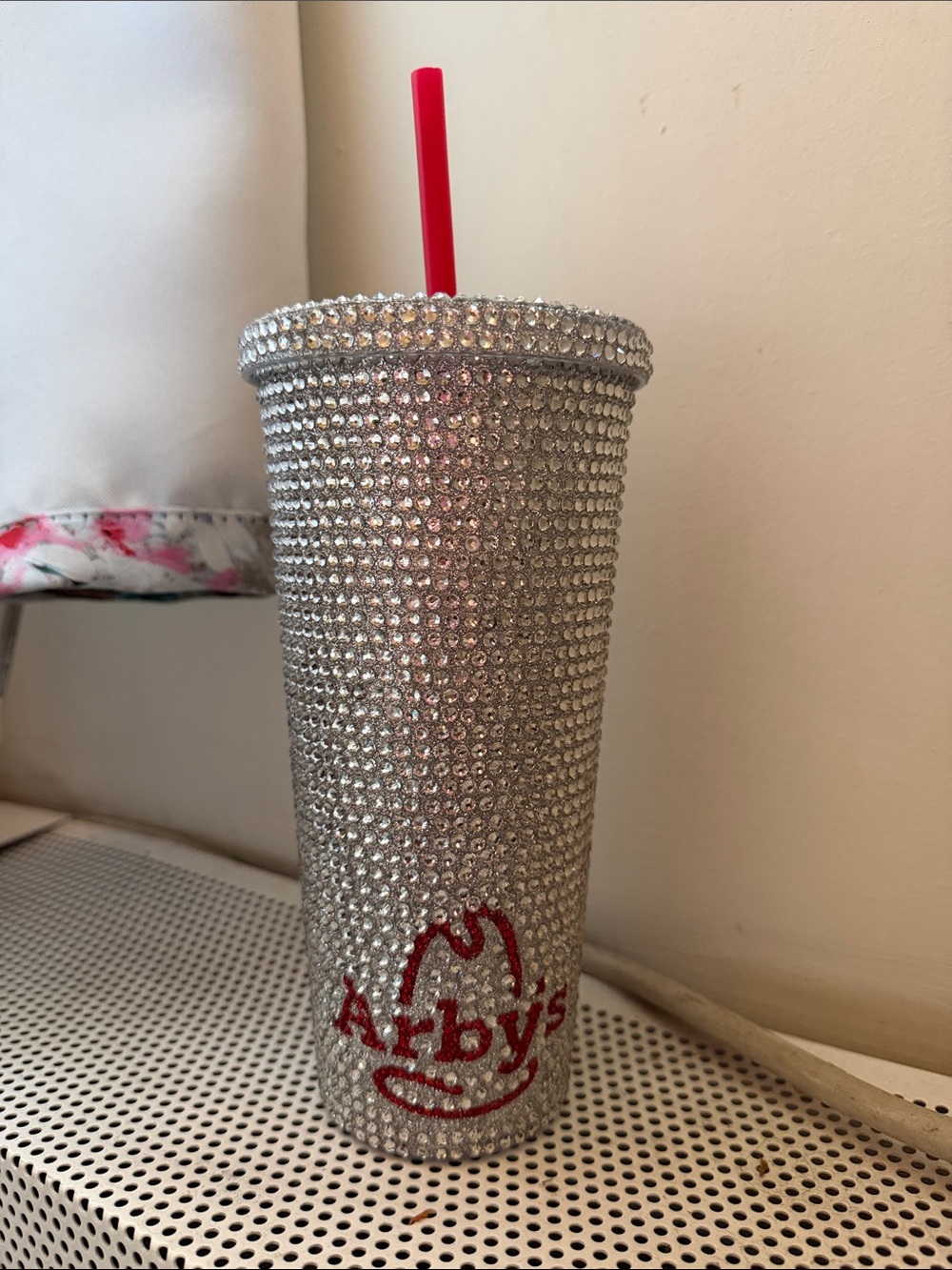 Silver Rhinestone Bling Arby’s Tumbler with Red Straw